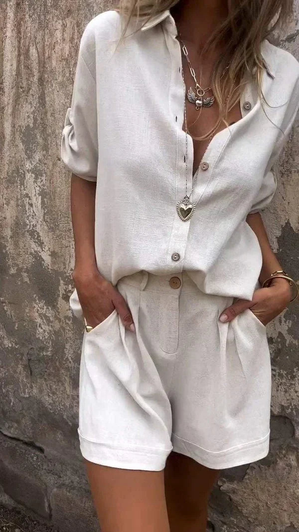Sophia™ | Set di pantaloncini di lino e camicia a maniche medie con polsini