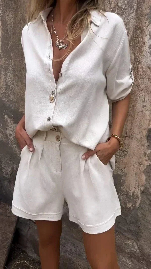 Sophia™ | Set di pantaloncini di lino e camicia a maniche medie con polsini