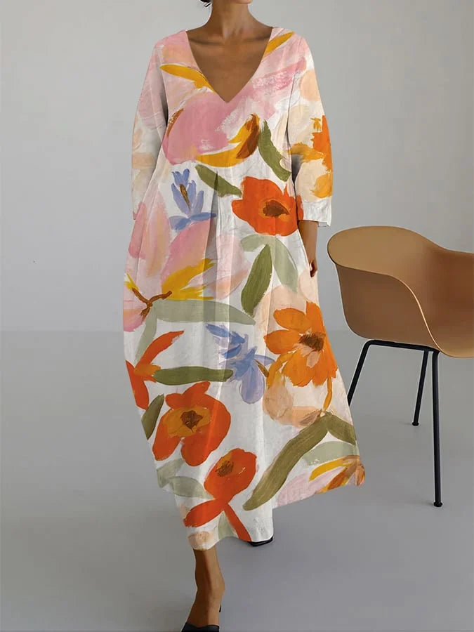 Gisella® | ABITO CON STAMPA FLOREALE E SCOLLO A V