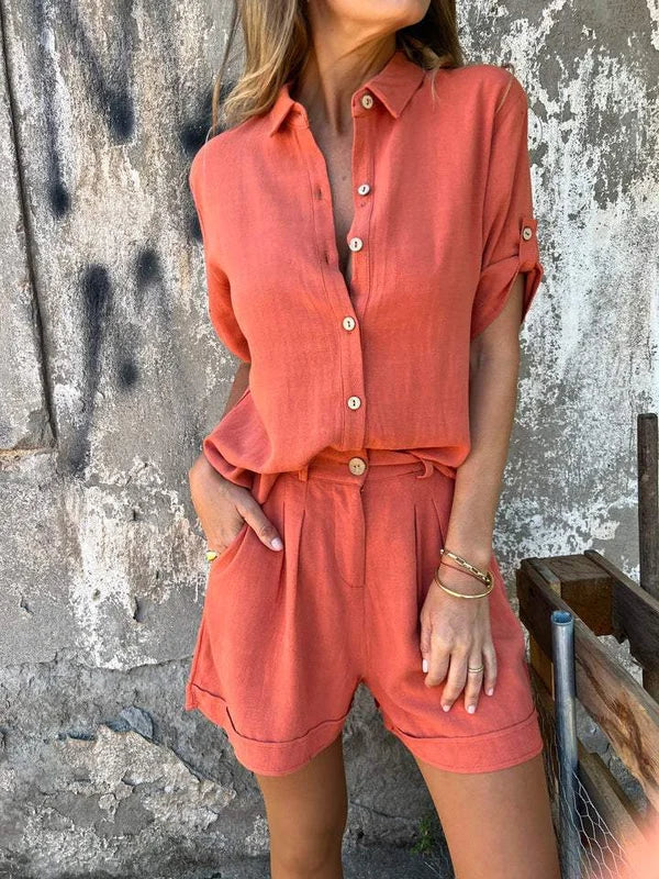 Sophia™ | Set di pantaloncini di lino e camicia a maniche medie con polsini